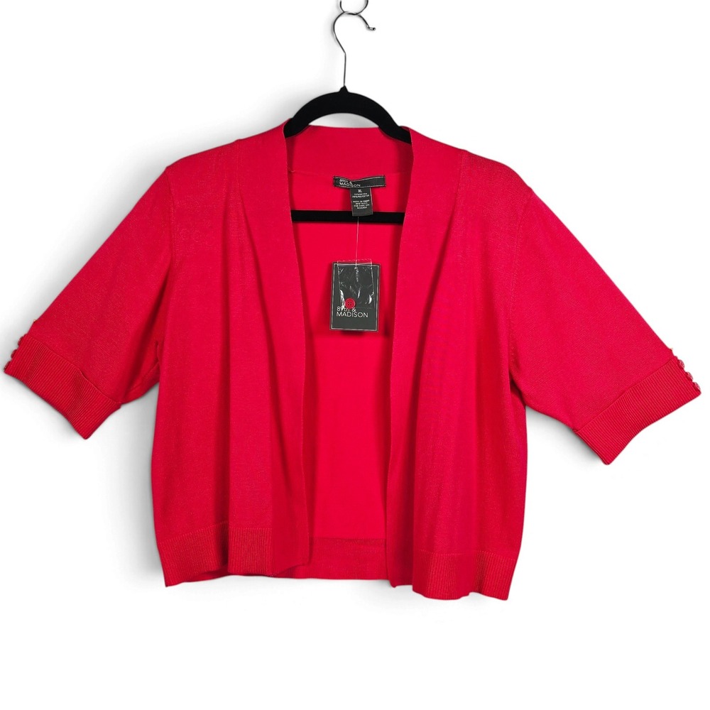 89th & Madison Cardigan Women XL Open Front Red Elbow Sleeve Button Detail NWT